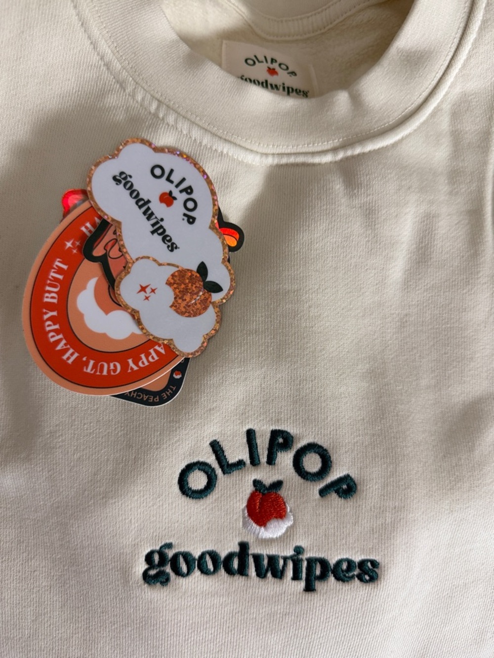 OLIPOP goodwipes Cream Embroidered Crewneck + stickers